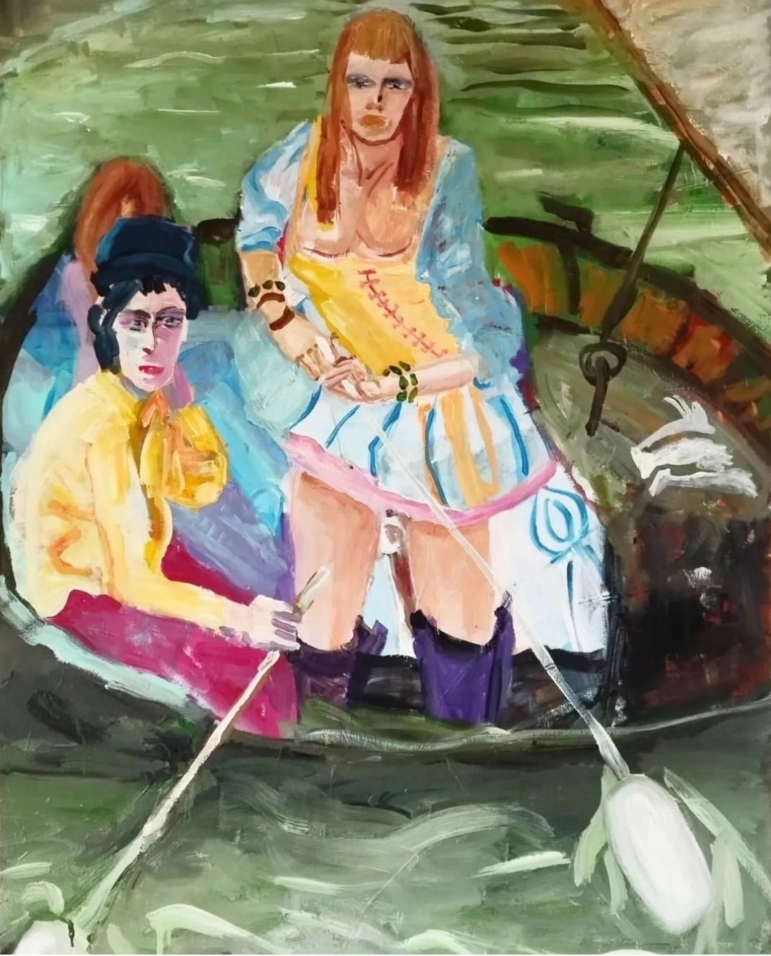 Deux femmes dans une barque sur une eau verte, rames blanches levées. Peinture de Delphine Perlstein.