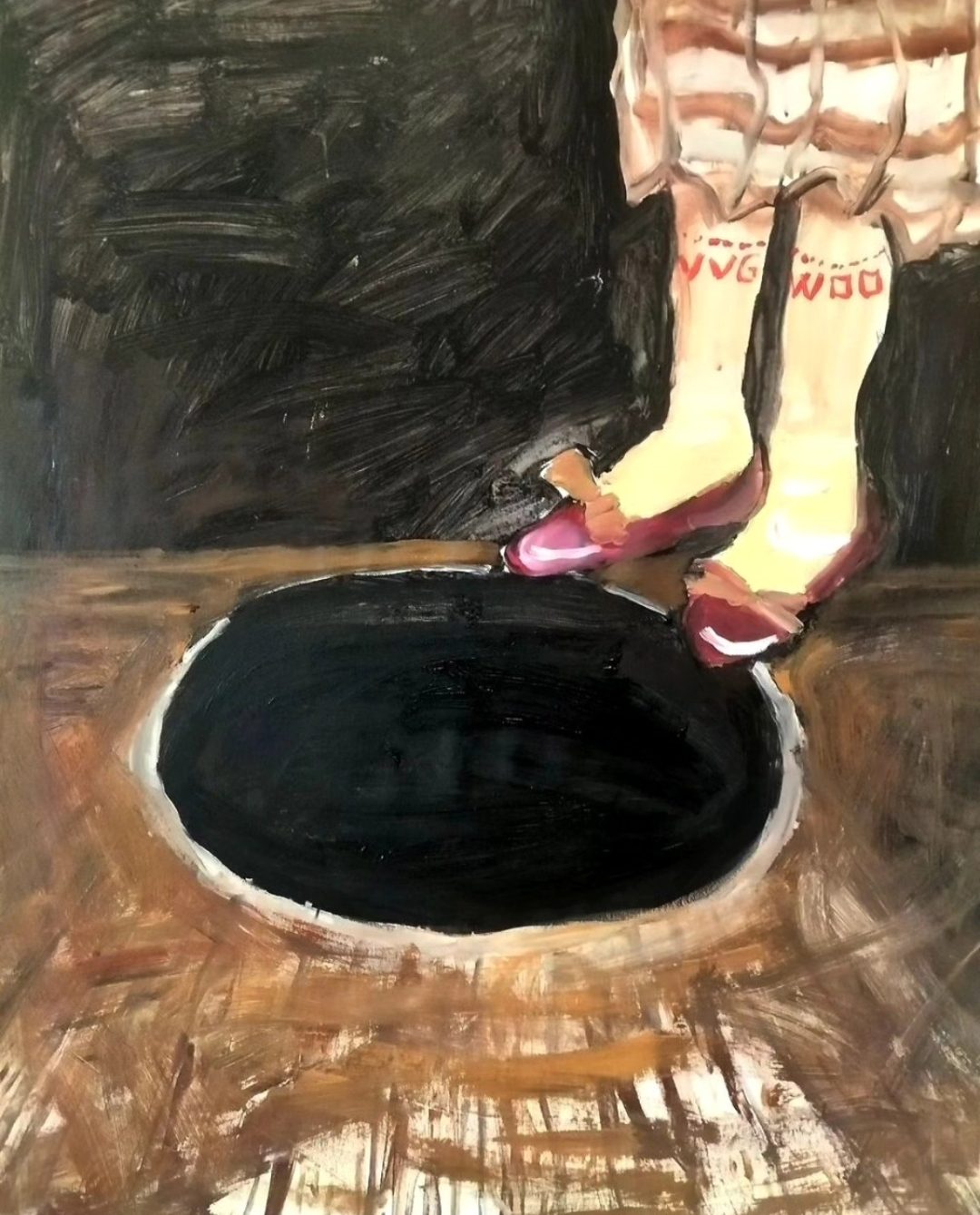 Jambes et pieds au bord d'un large cercle noir, sur un fond ocre. Peinture de Delphine Perlstein.