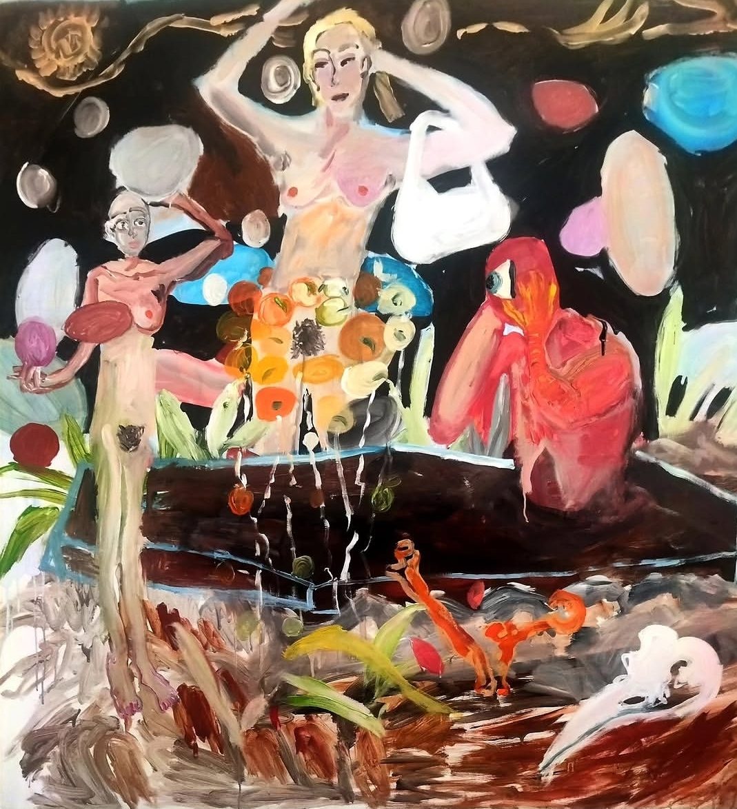 Scène nocturne peuplée de figures et d'objets flottant sur un fond noir. Peinture de Delphine Perlstein.