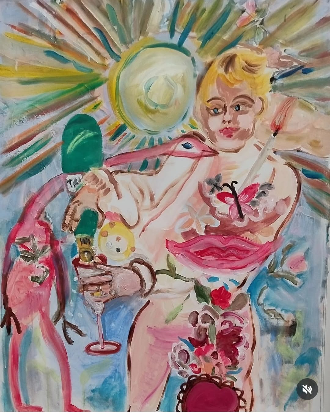 Figure nue sous un soleil rayonnant, accompagnée d'un oiseau et de motifs floraux. Peinture de Delphine Perlstein.