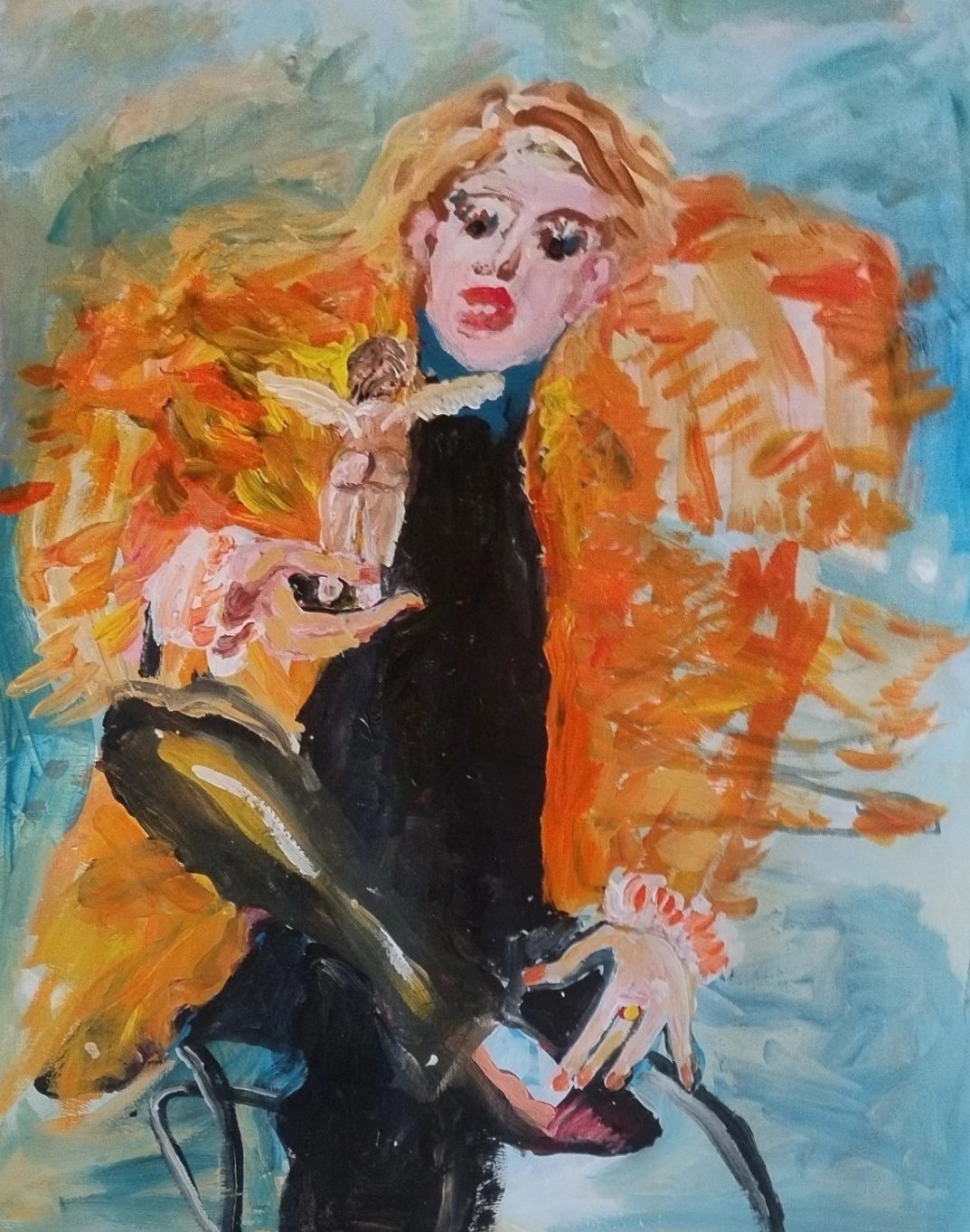 Femme blonde en robe noire sur un fond orange flamboyant. Peinture de Delphine Perlstein.