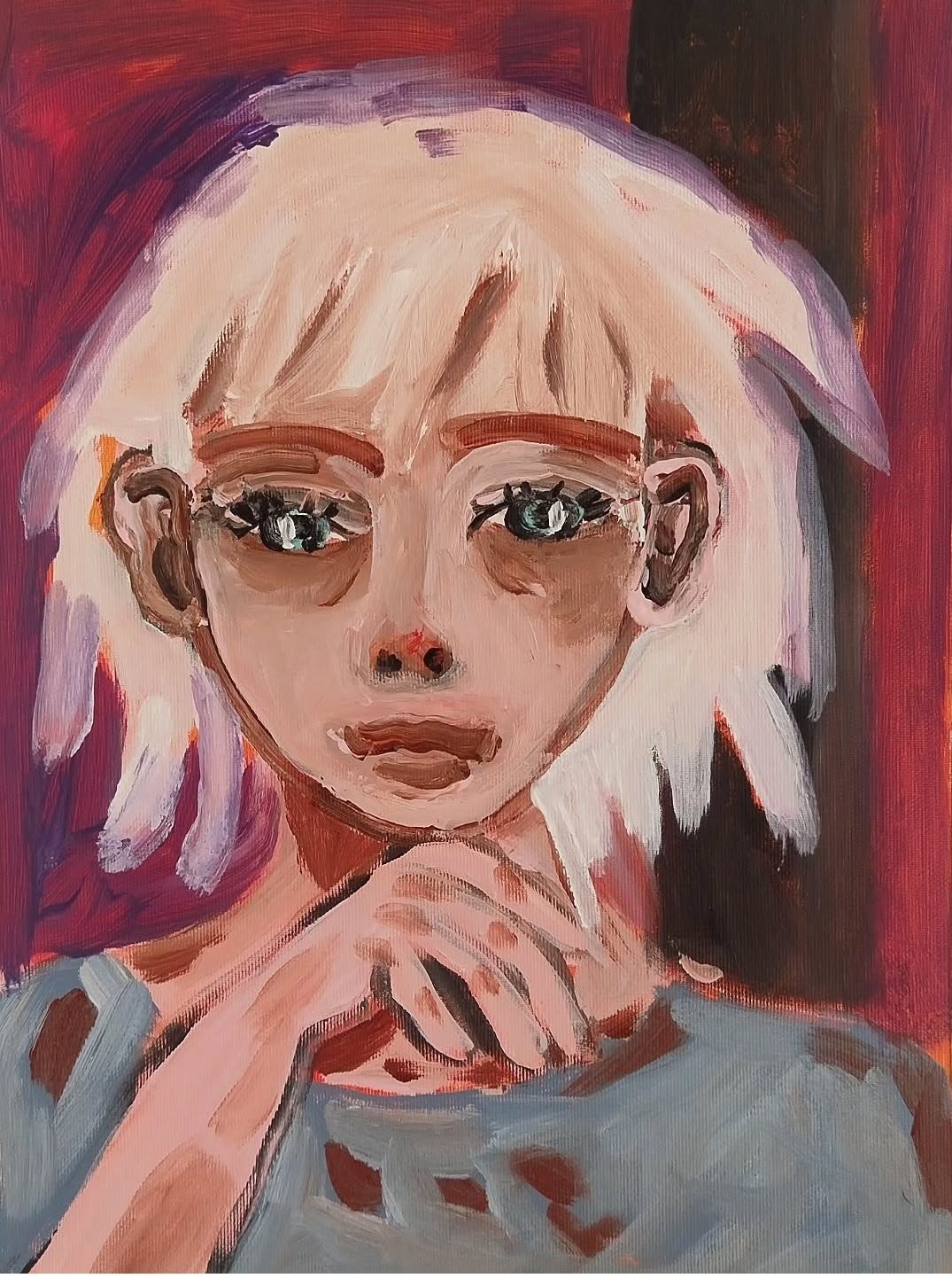 Portrait d'une figure aux cheveux clairs, main sous le menton, sur fond rouge. Peinture de Delphine Perlstein.
