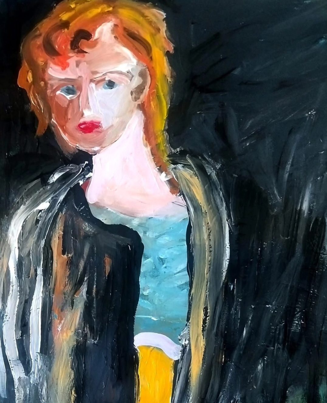 Figure rousse en veste noire ouverte sur un haut turquoise, sur un fond sombre. Peinture de Delphine Perlstein.